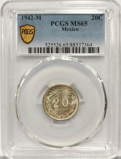 博洋堂世界钱币拍卖第154期（全场包邮） - PCGS MS65 墨西哥1942年鹰洋20分银币