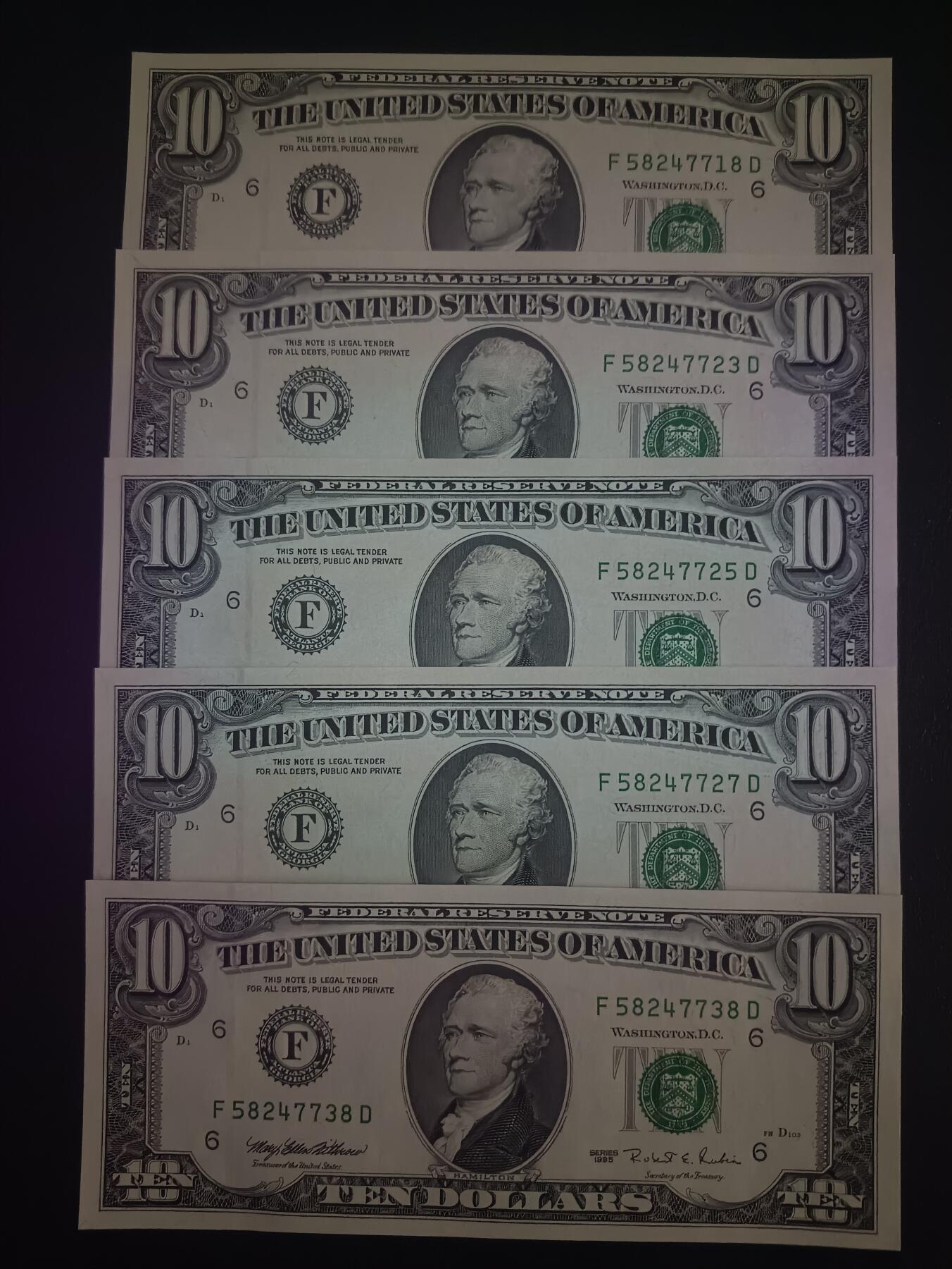 2025十二月第五期，总210期 美国1995年版10元UNC批量五张，佐治亚州亚特兰大联邦储备区印刷