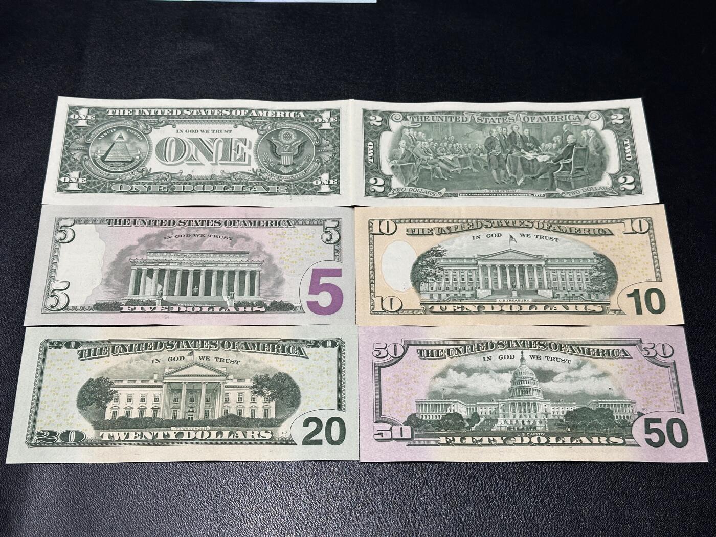 《外钞收藏家》第五百九十七期（年底收官场）（本平台长期征集拍品、欢迎藏友们联系合作） 美国彩版1-50美元 六张一起 全新UNC 除了1和2美元其他都是无47