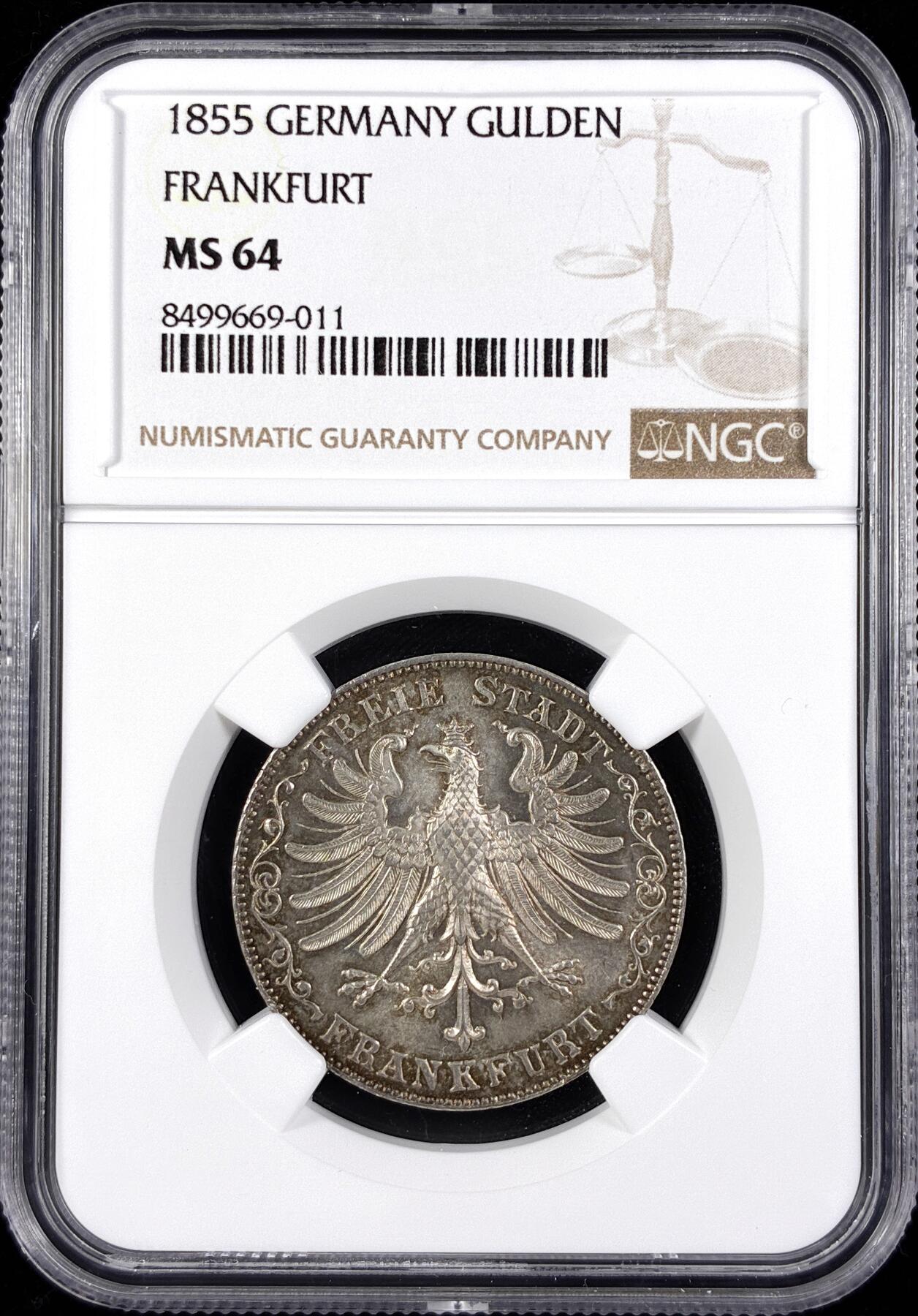【雨安】【直播拍卖】【世界币章122期-评级币】2025-12-27 周六 19:30 保真 [评级德国] Germany 德国 德意志 1盾 Frankfurt法兰克福 KM#0331 (1842-1855) 1855年  NGC-MS64 唯一亚军分,更高分数仅1枚