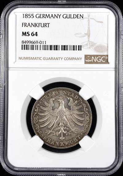 【雨安】【直播拍卖】【世界币章122期-评级币】2025-12-27 周六 19:30 保真 - [评级德国] Germany 德国 德意志 1盾 Frankfurt法兰克福 KM#0331 (1842-1855) 1855年  NGC-MS64 唯一亚军分,更高分数仅1枚