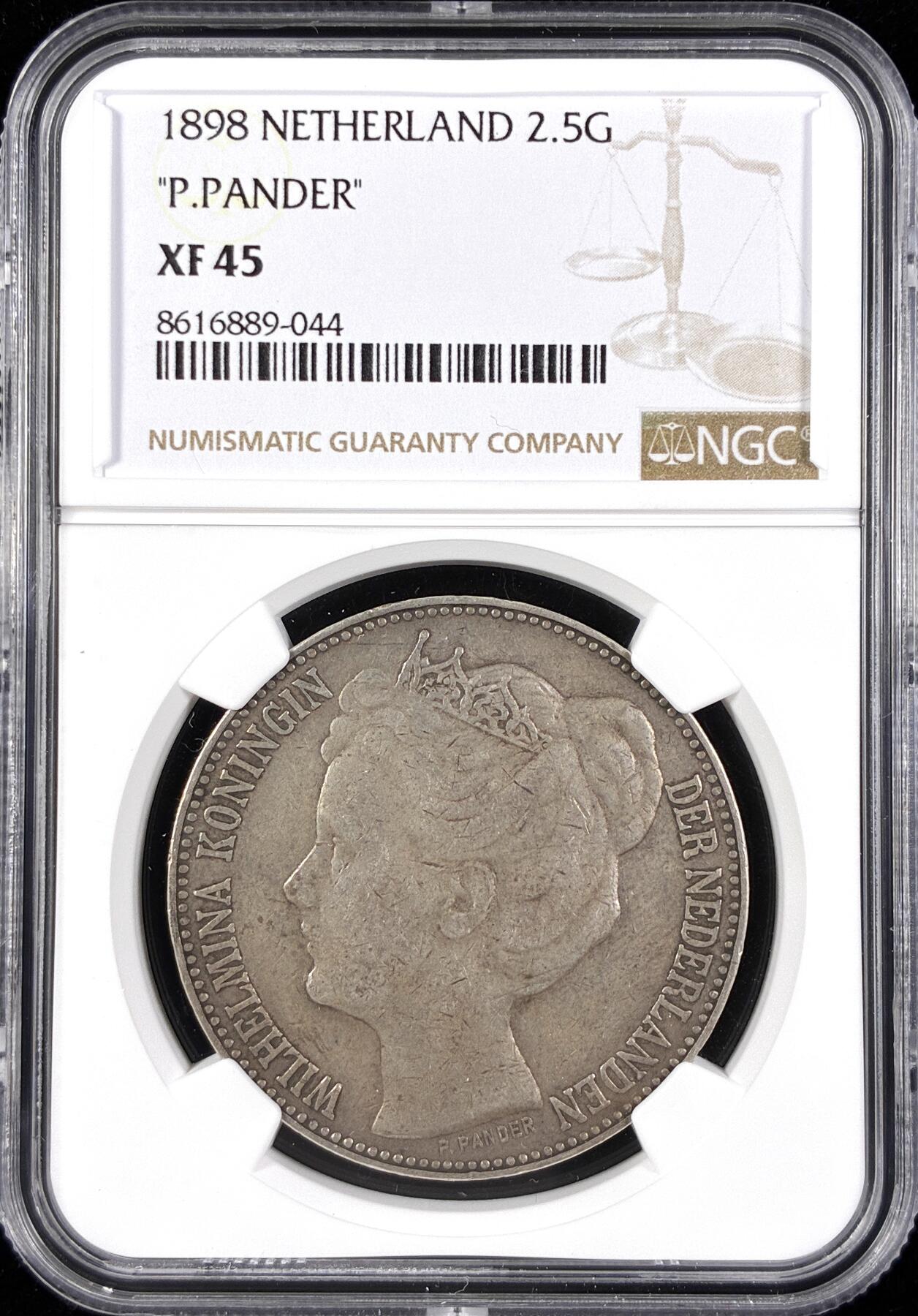 【雨安】【直播拍卖】【世界币章122期-评级币】2025-12-27 周六 19:30 保真 [评级欧洲] Netherlands 荷兰 王国 威廉明娜 2.5盾 1898年  NGC-XF45