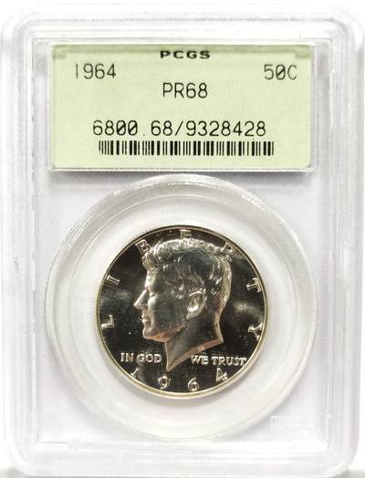 博洋堂世界钱币拍卖第154期（全场包邮） - PCGS PR68 美国1964年肯尼迪半美元银币，背面卡槽微小缺几乎无影响