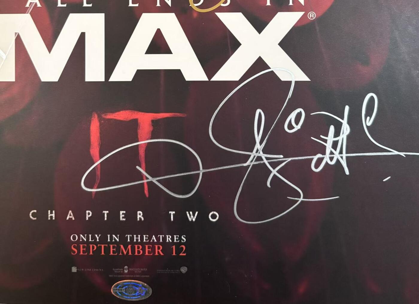 零元拍：导演安德斯·穆斯切蒂和男主角小丑潘尼怀斯扮演者比尔·斯卡斯加德，比尔的扮演者詹姆斯·麦卡沃伊，3人亲笔签名北美版IMAX开催首周限定海报，尺寸：420X285MM，拍品不含装裱