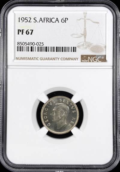 【雨安】【直播拍卖】【世界币章122期-评级币】2025-12-27 周六 19:30 保真 - [评级非洲] South Africa 南非 6便士 1952年 乔治五世 精制 NGC-PF67 精制币