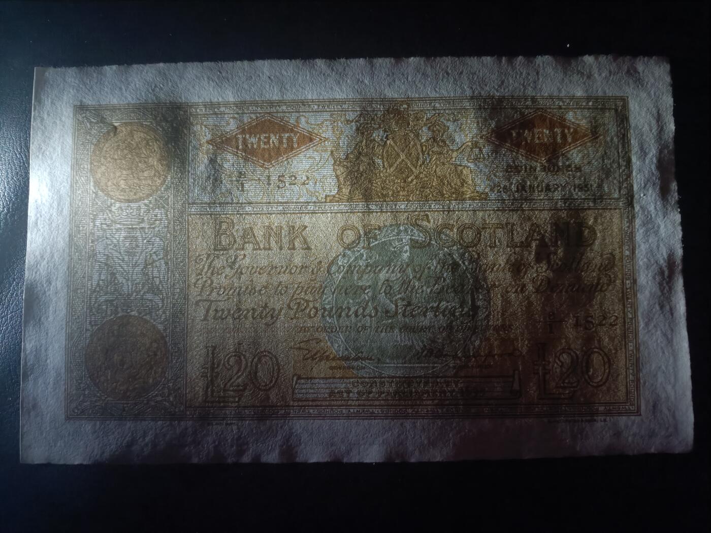 2025十二月第五期，总210期 苏格兰银行1951年20镑AUNC，极稀有高面值大票幅，经典的白色英镑风格做工防伪技术（波浪边和精细水印），难得一见