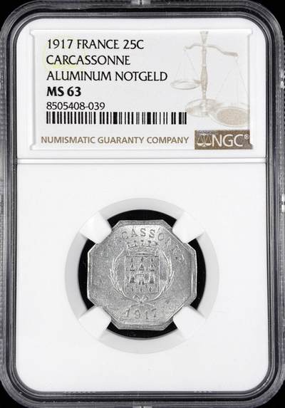 【雨安】【直播拍卖】【世界币章122期-评级币】2025-12-27 周六 19:30 保真 - [评级法国] France 法国 卡尔卡松市 25分 1917年  NGC-MS63