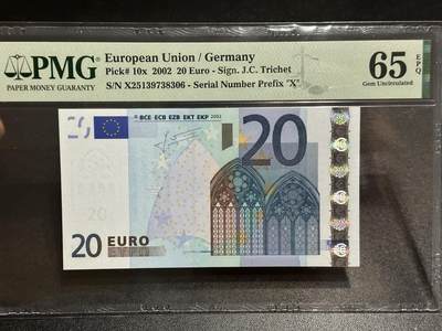 《外钞收藏家》第五百九十七期（年底收官场）（本平台长期征集拍品、欢迎藏友们联系合作） - 2002年二签20欧元 PMG65 德国版