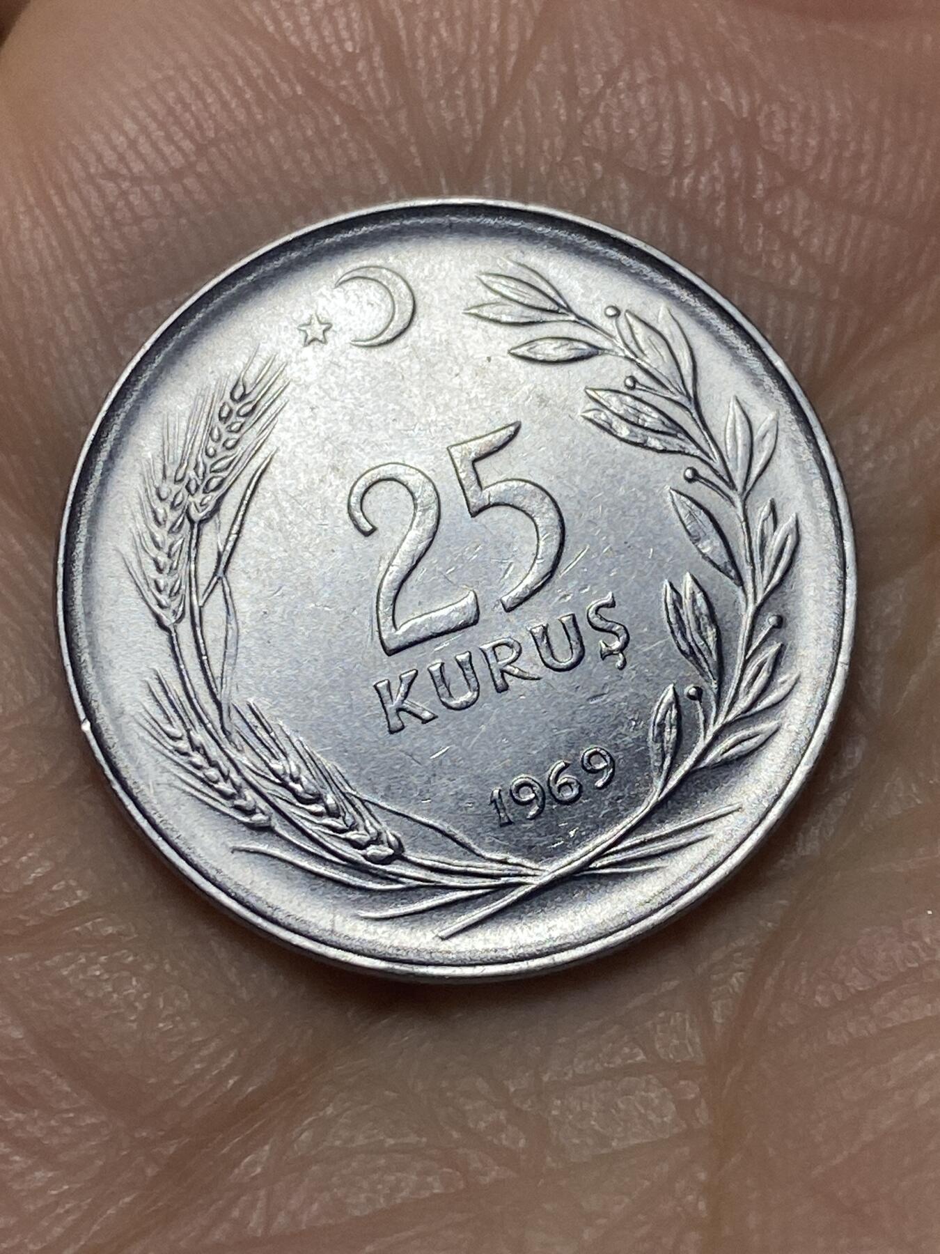 2025年第一百四十场(总第一百六十六场）外国好品散币场(免佣金) 土耳其🇹🇷1969年25库鲁什(第三版，人物脚下地面起伏，4克减重版)