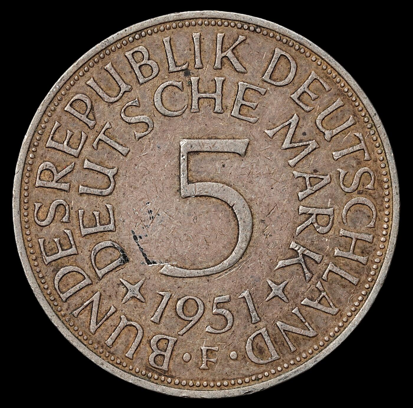 修遠堂世界钱币第九十九期 1951年西德5马克银币 F厂铭 11.08g，含银62.5%