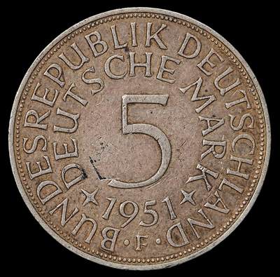 修遠堂世界钱币第九十九期 - 1951年西德5马克银币 F厂铭 11.08g，含银62.5%