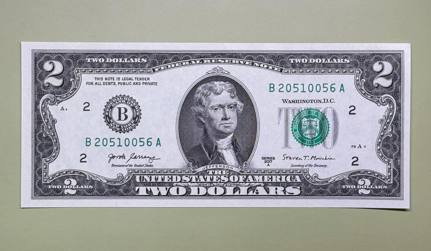 【无47】全新2017A年版美国托马斯·杰斐逊2美元纸币(年份号、钻石号）
