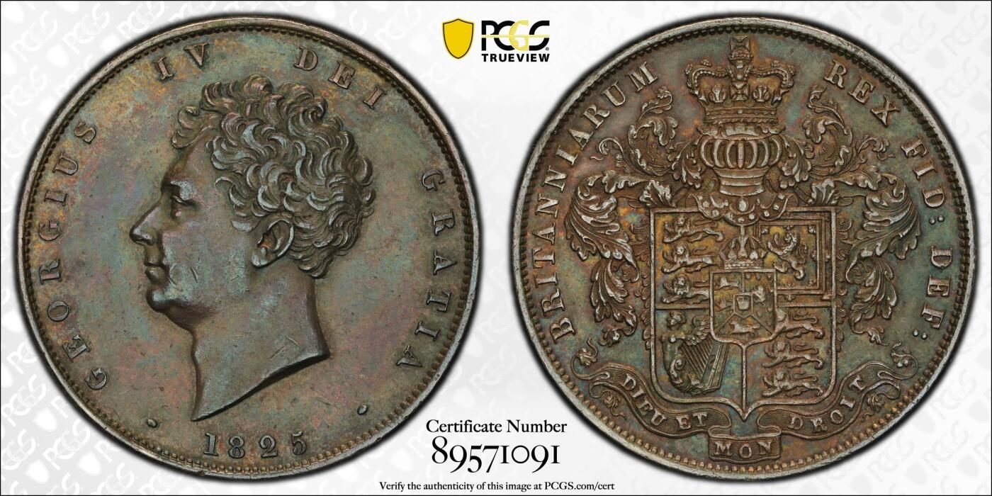 博洋堂世界钱币拍卖第154期（全场包邮） PCGS AU55 英国1825年乔治四世半克朗银币 热门品种 少见年份 五彩包浆 打制深峻 严评状态 细节参见Trueview