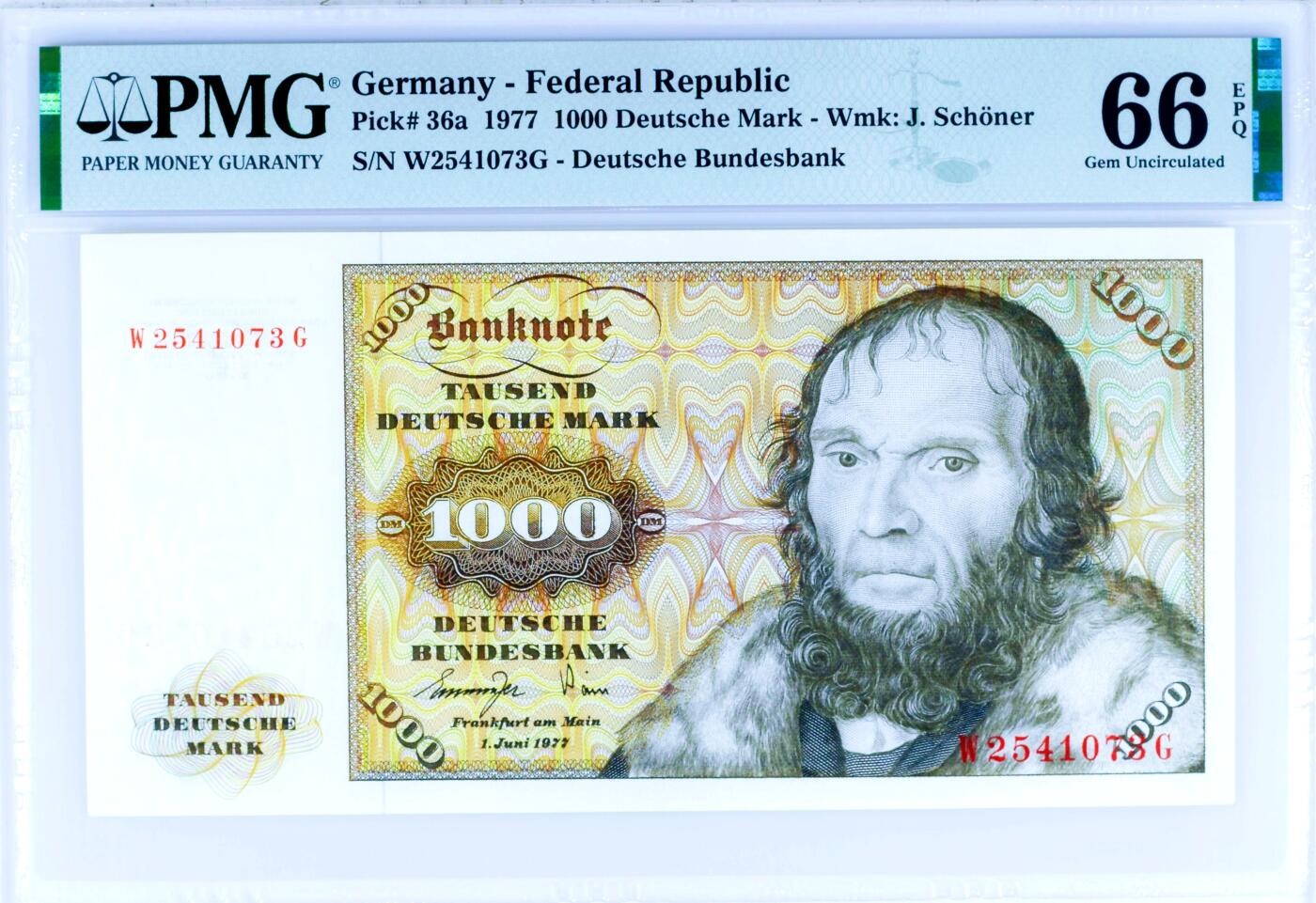 【Blue Auction】世界纸币精拍第768期——18级TOP拍卖/信誉/品质/专业/高效💫 德国 1977年1000马克 经典舍那 雕刻精美 PMG66EPQ 