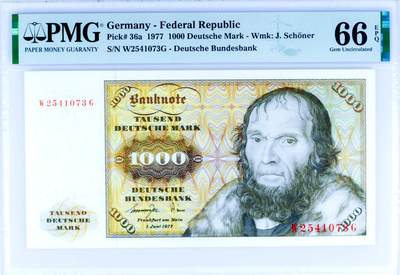 【Blue Auction】世界纸币精拍第768期——18级TOP拍卖/信誉/品质/专业/高效💫 - 德国 1977年1000马克 经典舍那 雕刻精美 PMG66EPQ 