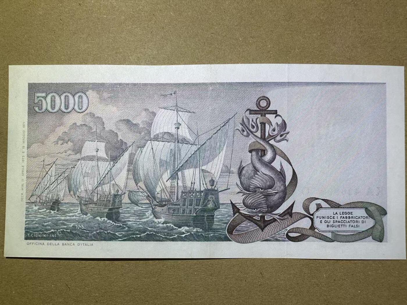 【Blue Auction】世界纸币精拍第768期——18级TOP拍卖/信誉/品质/专业/高效💫 意大利 5000里拉 哥伦布 	AU