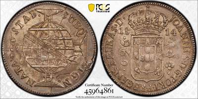博洋堂世界钱币拍卖第154期（全场包邮） - PCGS AU55 葡属巴西1814年地球960R大银币，打制在西属双柱银币之上，双柱的图案非常明显，打制极佳，顶级酱彩。海外近两年最受欢迎的品种之一，早期年份相对来说比较少见