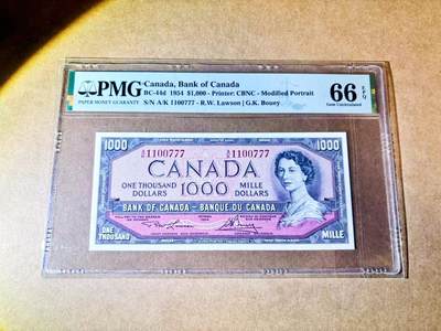 【Blue Auction】世界纸币精拍第768期——18级TOP拍卖/信誉/品质/专业/高效💫 -  【777豹子号难得】加拿大 1954年1000元 最高值 早期女王 升值潜力巨大 PMG66EPQ 背面风景唯美