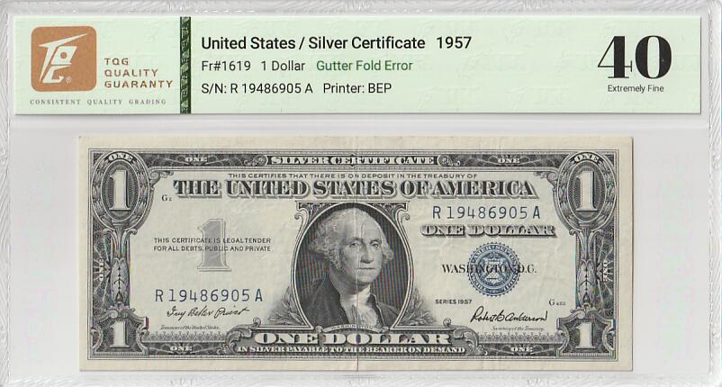 2025十二月第五期，总210期 美国1957年版银币券1元TQG40分，由于正面挤纸失误造成了一种有趣的露白错版品种