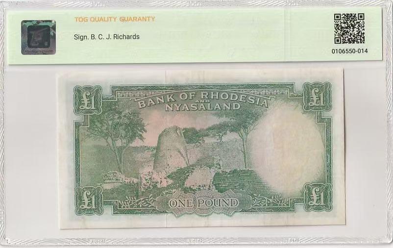 《外钞收藏家》第五百九十七期（年底收官场）（本平台长期征集拍品、欢迎藏友们联系合作） 1961年罗得西亚和尼亚萨1镑 TQG评级35 BWC作品 无47靓号