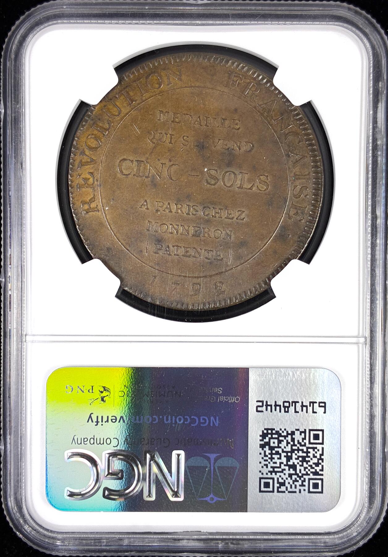 【雨安】【直播拍卖】【世界币章122期-评级币】2025-12-27 周六 19:30 保真 [评级法国] France 法国 Token 5索尔 1792年 Maz-163  NGC-MS63