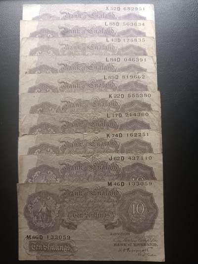 2025十二月第五期，总210期 - 英格兰战时A序列10先令流通品相批量十张，有别于战前战后普通的红色版本用紫色印刷