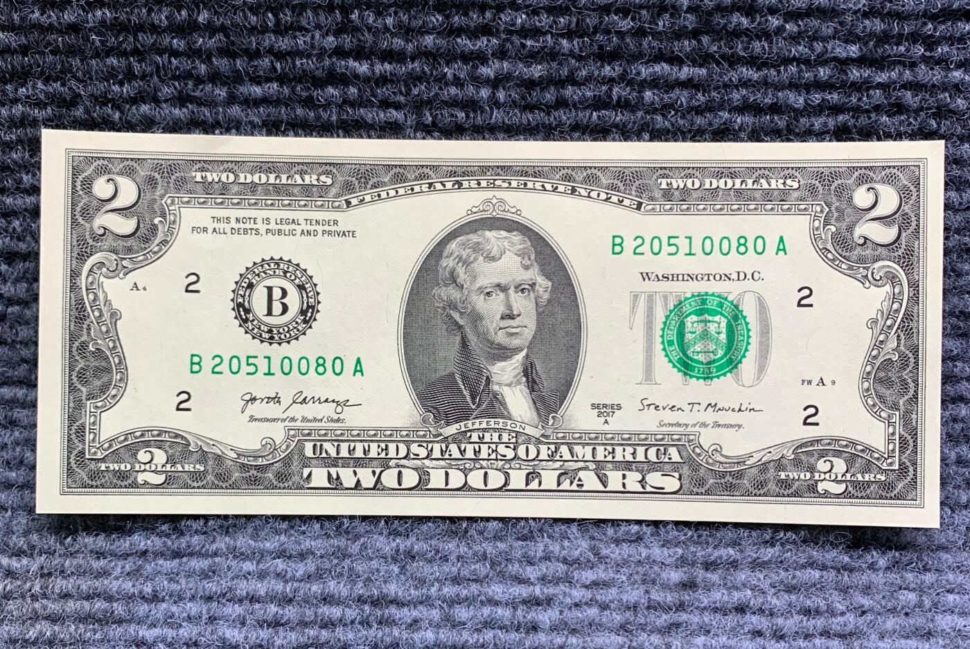 【无47】全新2017A年版美国托马斯·杰斐逊2美元纸币(年份号、钻石号）