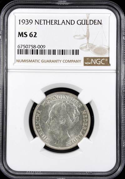 【雨安】【直播拍卖】【世界币章122期-评级币】2025-12-27 周六 19:30 保真 - [评级欧洲] Netherlands 荷兰 王国 威廉明娜 1盾 (1922-1944) 1939年  NGC-MS62
