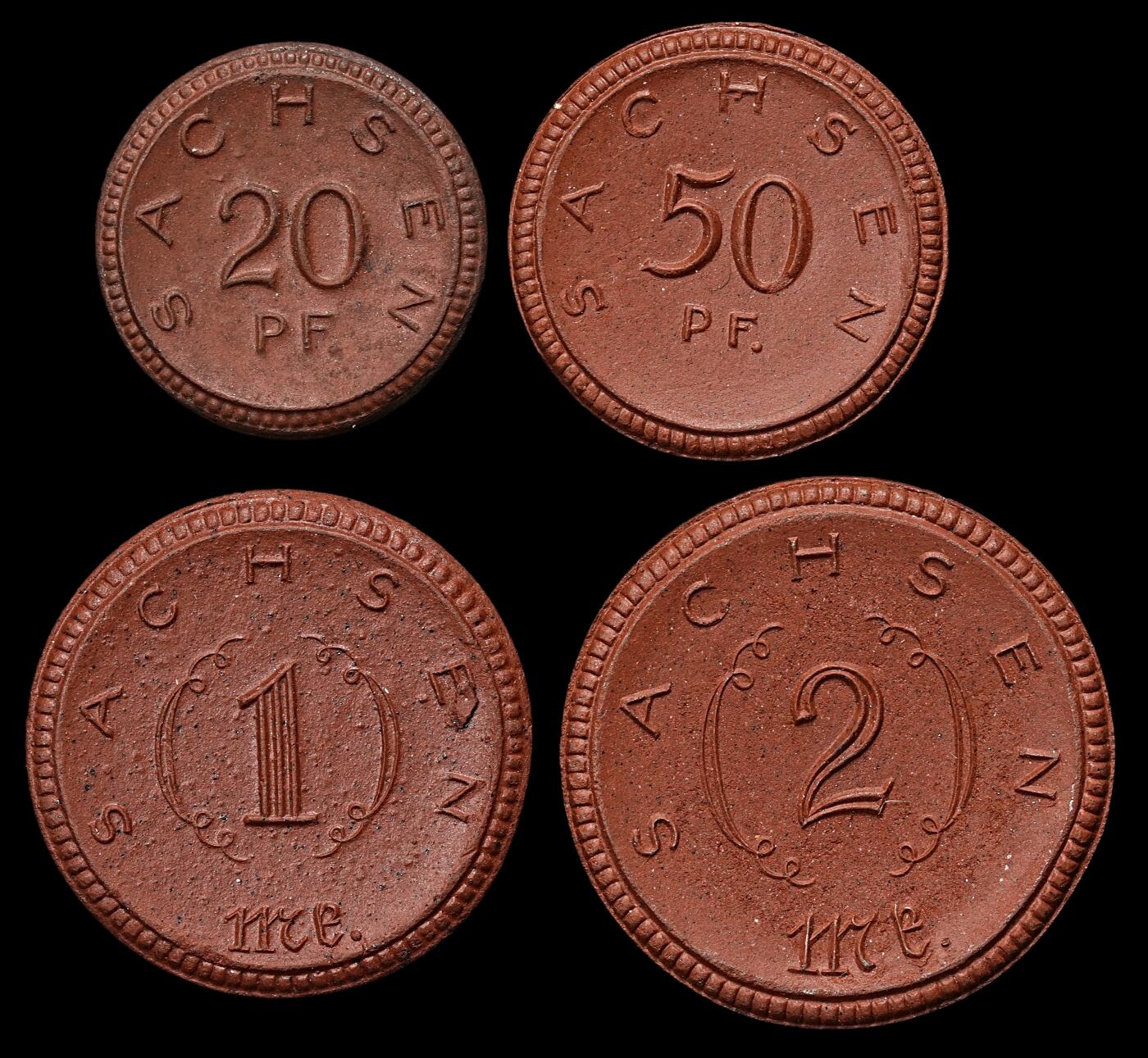 修遠堂世界钱币第九十九期 1921年德国紧急时期萨克森陶瓷币四枚 完全未流通