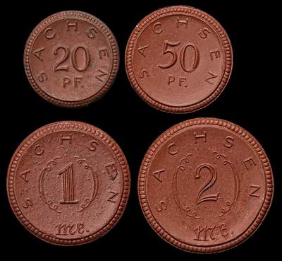 修遠堂世界钱币第九十九期 - 1921年德国紧急时期萨克森陶瓷币四枚 完全未流通