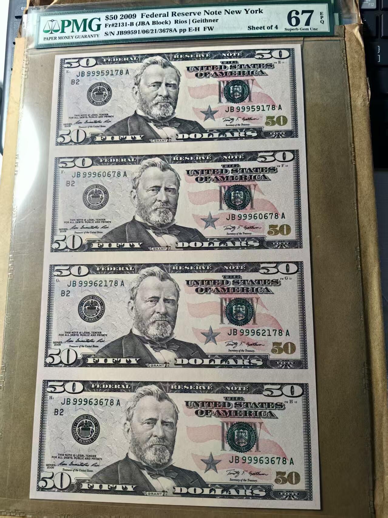 【Blue Auction】世界纸币精拍第768期——18级TOP拍卖/信誉/品质/专业/高效💫  【四连体】美国 2009年50美金 PMG67EPQ 高分 老壳