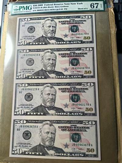 【Blue Auction】世界纸币精拍第768期——18级TOP拍卖/信誉/品质/专业/高效💫 -  【四连体】美国 2009年50美金 PMG67EPQ 高分 老壳