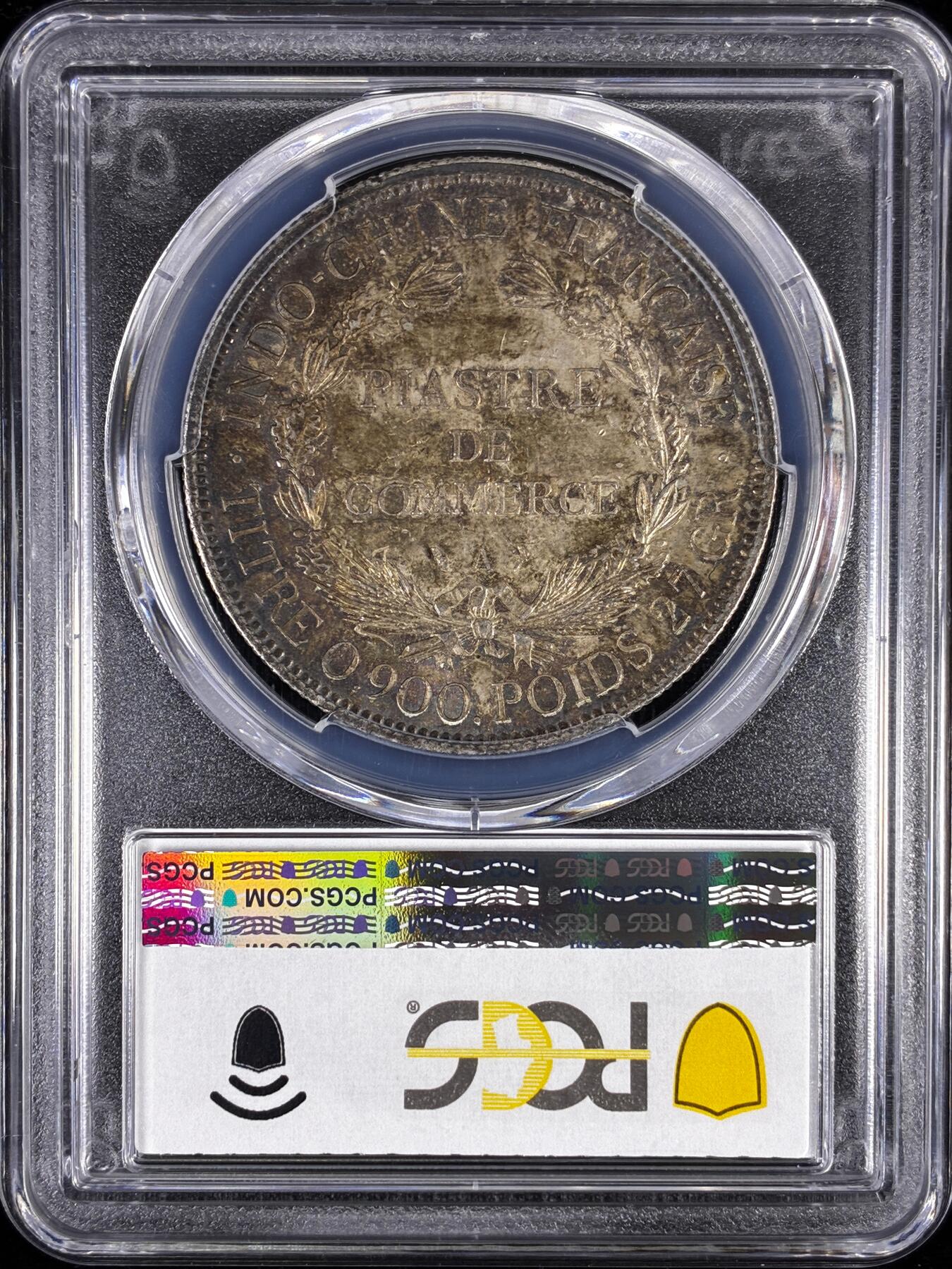 【雨安】【直播拍卖】【世界币章122期-评级币】2025-12-27 周六 19:30 保真 [贸易银] 法国 法属印支 坐洋 1皮阿斯特 1901年  PCGS-MS62 原味酱彩老包浆
