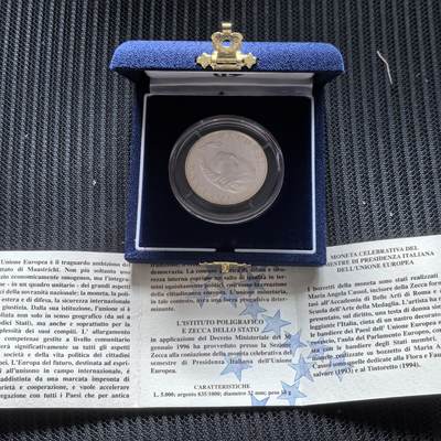 道一币馆币章第一百六十二场 - 原盒证 意大利1996年意大利担任欧盟主席国5000里拉精制银币  8000