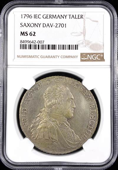【雨安】【直播拍卖】【世界币章122期-评级币】2025-12-27 周六 19:30 保真 - [评级德国] Germany 德国 德意志 1泰勒 Saxony萨克森 奥古斯特 军装 1796年  NGC-MS62