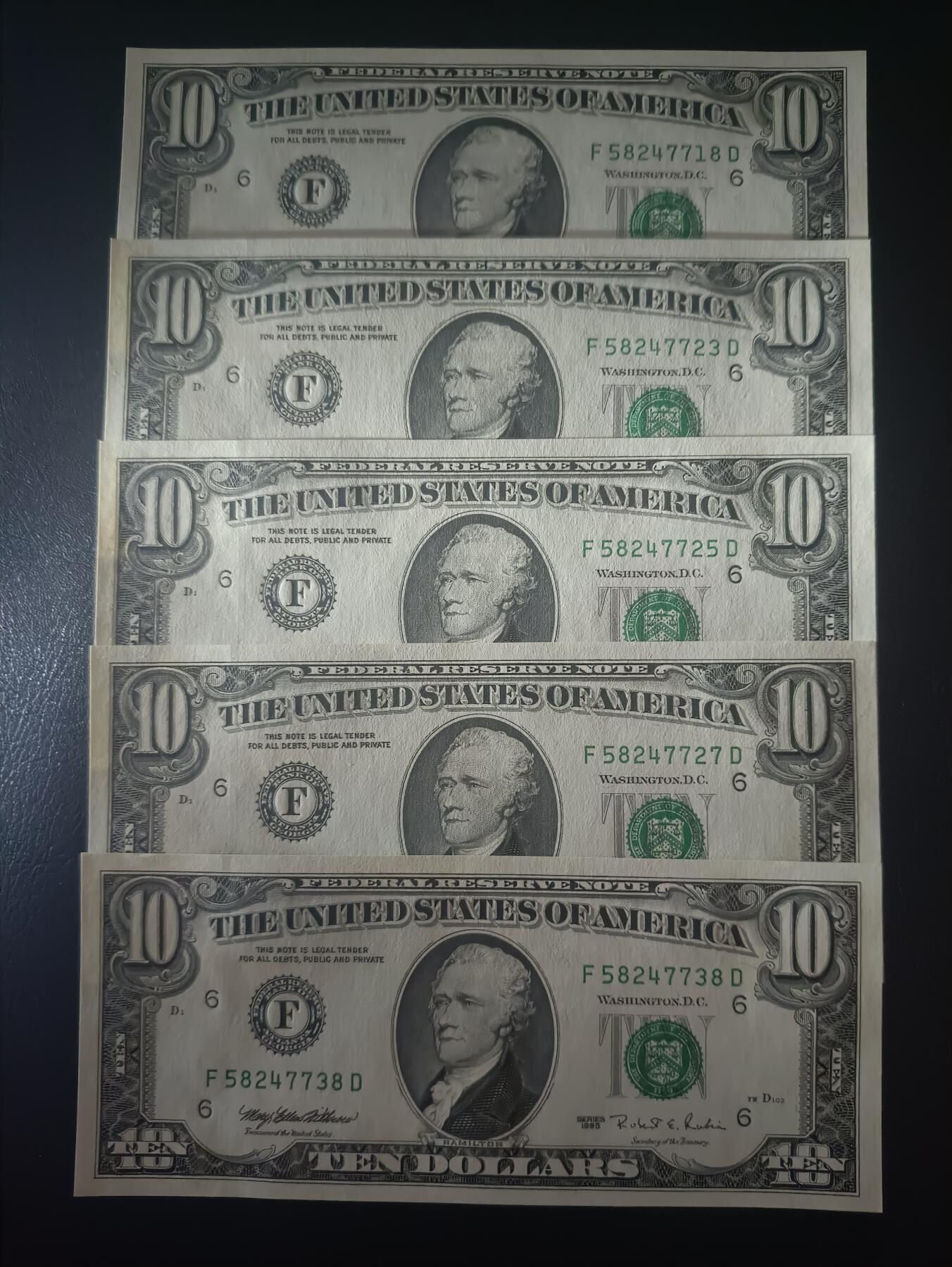 2025十二月第五期，总210期 美国1995年版10元UNC批量五张，佐治亚州亚特兰大联邦储备区印刷