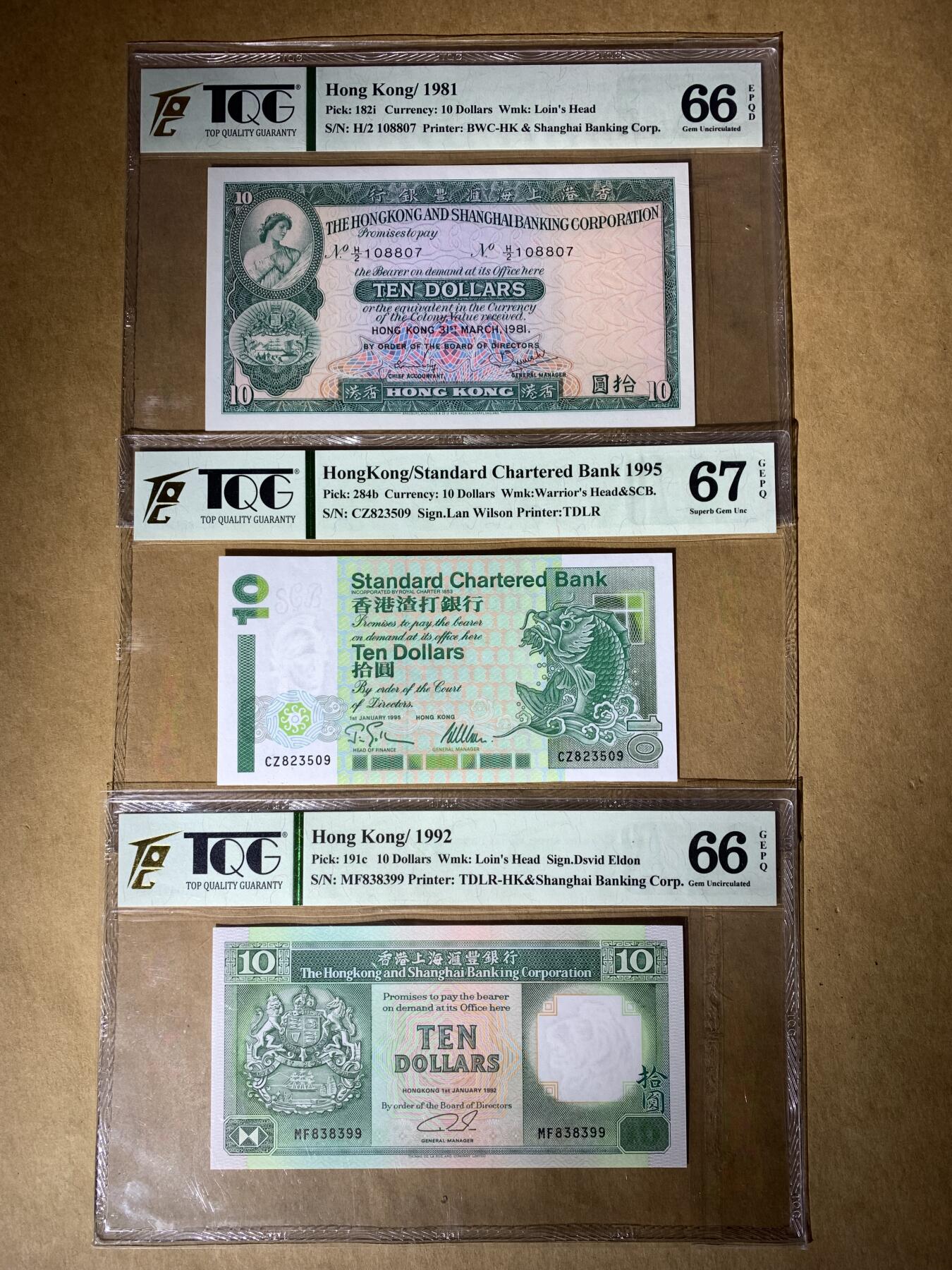 【礼羽收藏】🌏世界钱币拍卖第118期 TQG评级66分1981年 香港10元纸币 TQG评级66分 1981年香港上海汇丰银行10元纸币 TQG评级66分1995年香港渣打银行 10元纸币