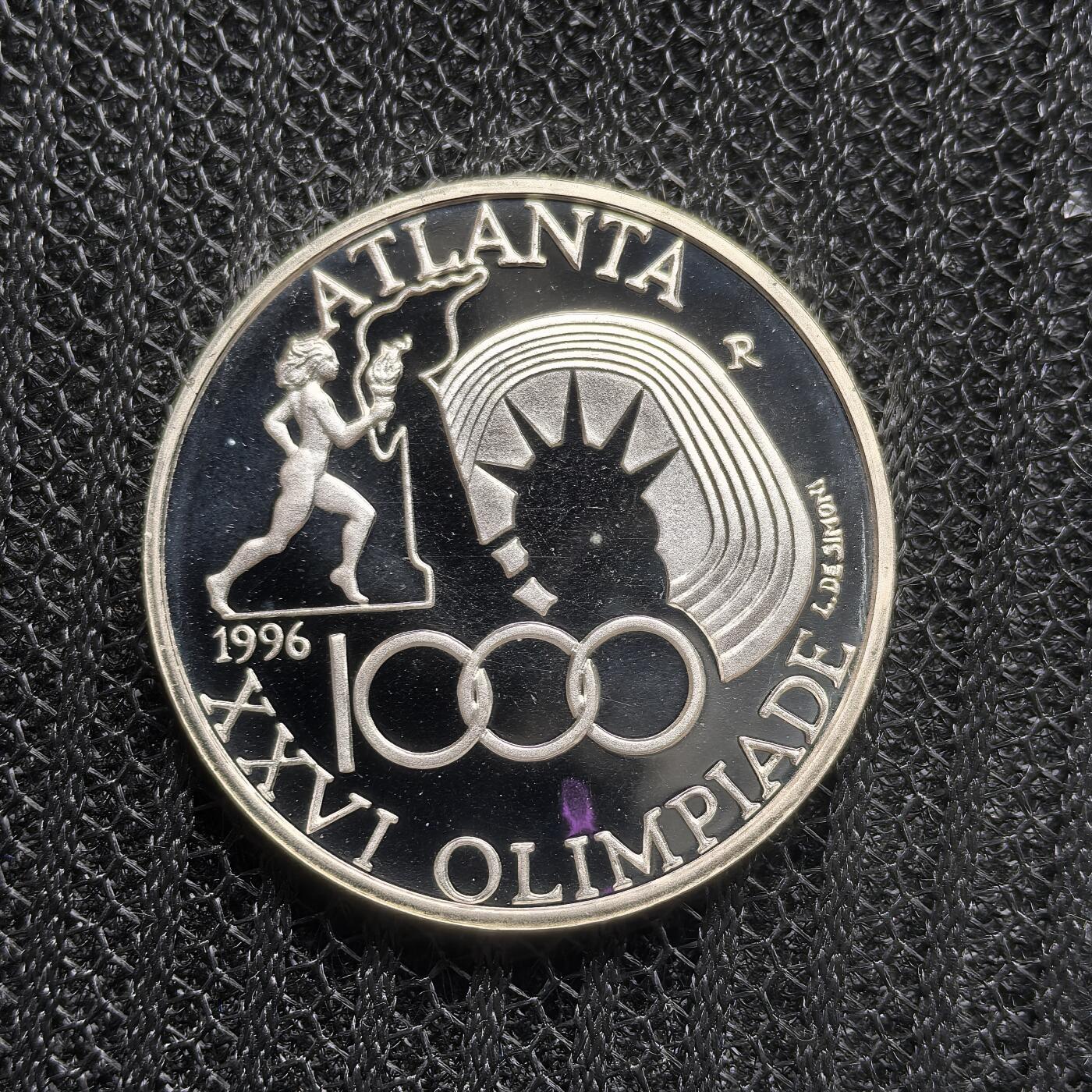 道一币馆币章第一百六十二场 原盒证 意大利1996年亚特兰大奥运会1000里拉精制银币 7435