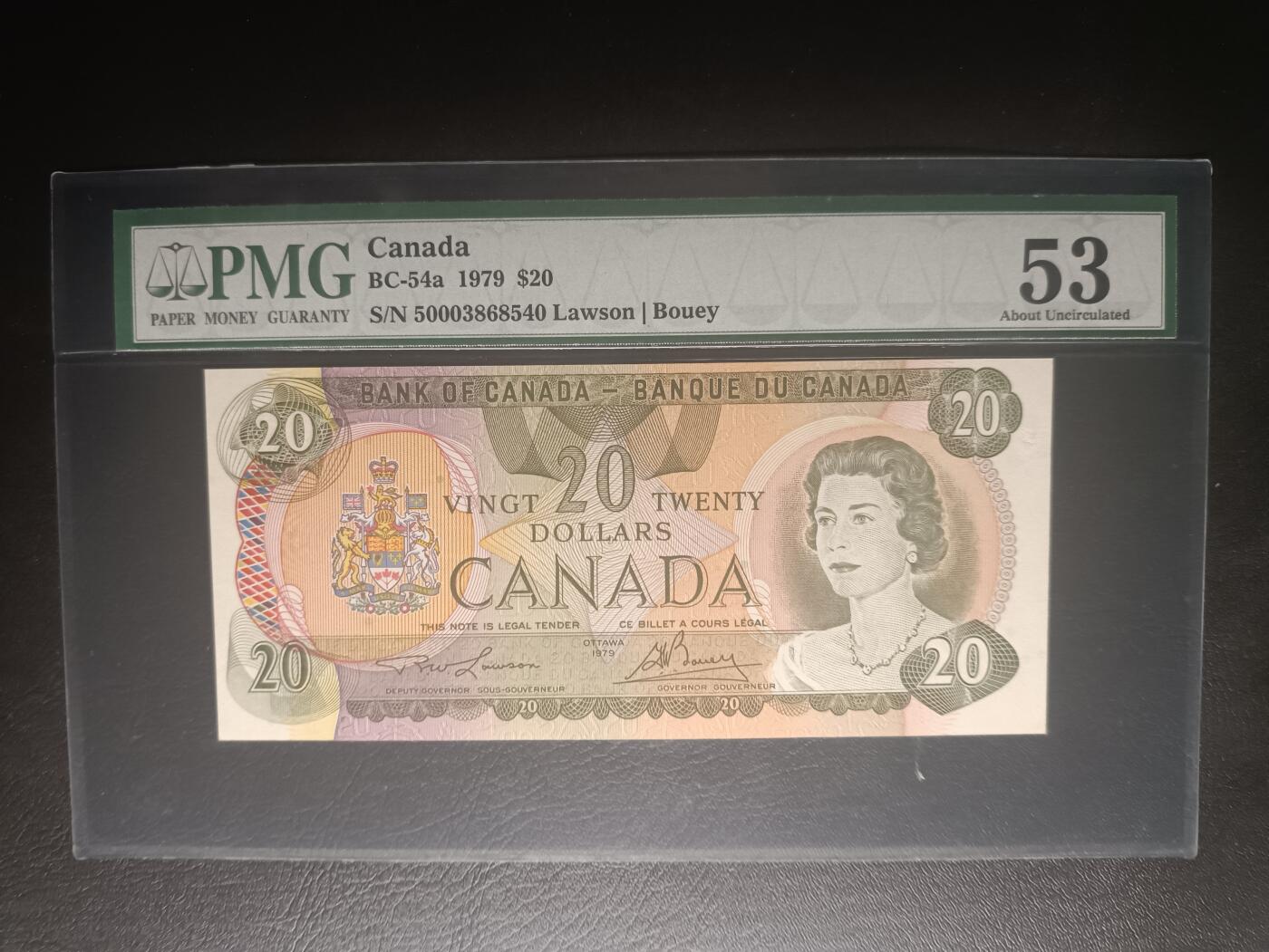 2025十二月第五期，总210期 加拿大1979版20元PMG53分，青年女王和梦莲湖，少见PMG一代壳