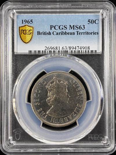 【雨安】【直播拍卖】【世界币章122期-评级币】2025-12-27 周六 19:30 保真 - [评级现代] British Caribbean Territories 英属加勒比 50分 1965年  PCGS-MS63