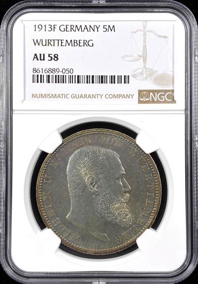 【雨安】【直播拍卖】【世界币章122期-评级币】2025-12-27 周六 19:30 保真 - [评级德国] Germany 德国 帝国 符腾堡 5马克 威廉二世 1913年  NGC-AU58