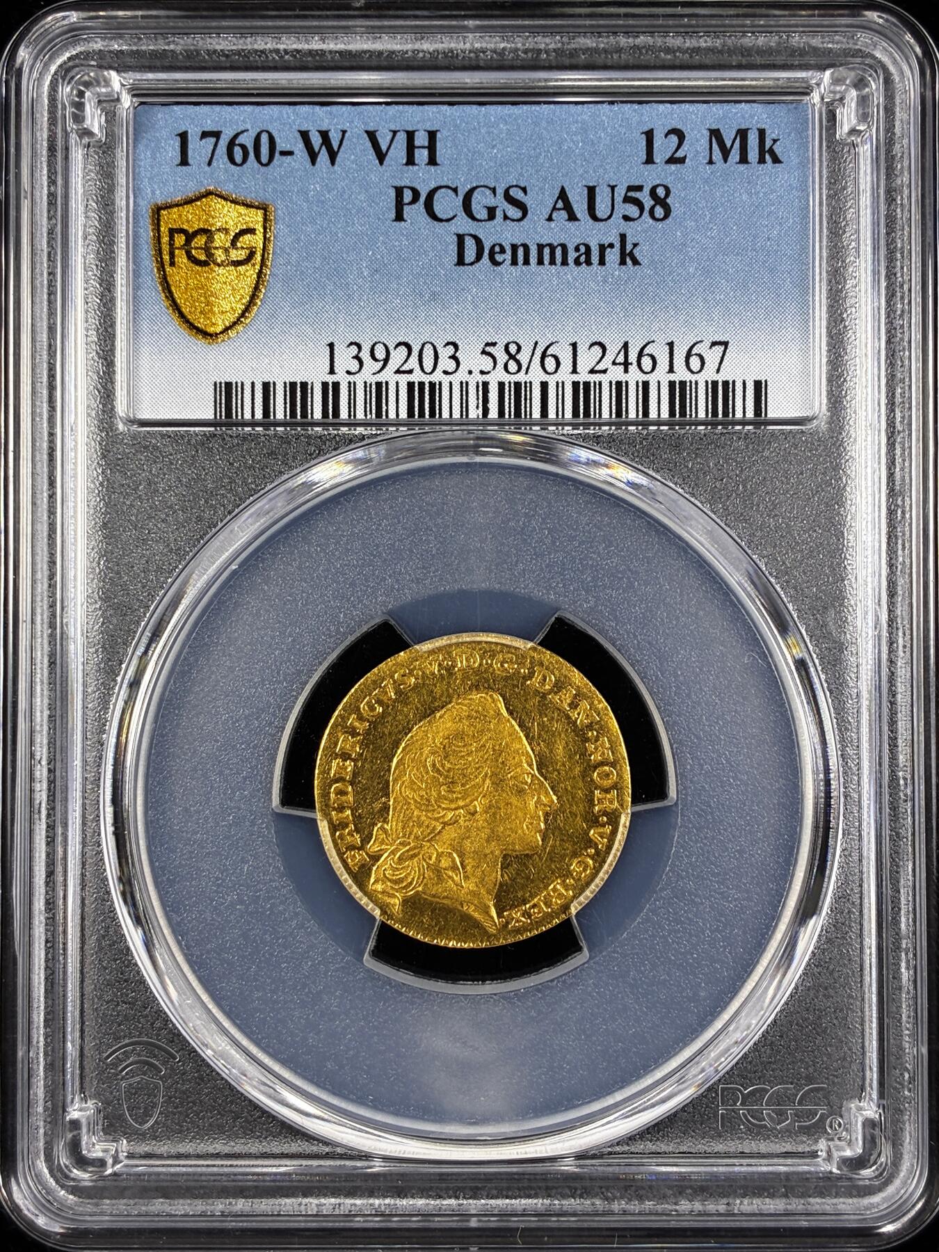 【雨安】【直播拍卖】【世界币章122期-评级币】2025-12-27 周六 19:30 保真 [金币] Denmark 丹麦 12马克 1760年 弗里德里克五世 [3.12 g., 0.875 Gold]  PCGS-AU58