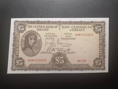 2025十二月第五期，总210期 - 爱尔兰1953年5镑AUNC无47，早期下方有英爱两国货币互换协议的版本，爱尔兰人格化象征“拉维利夫人”