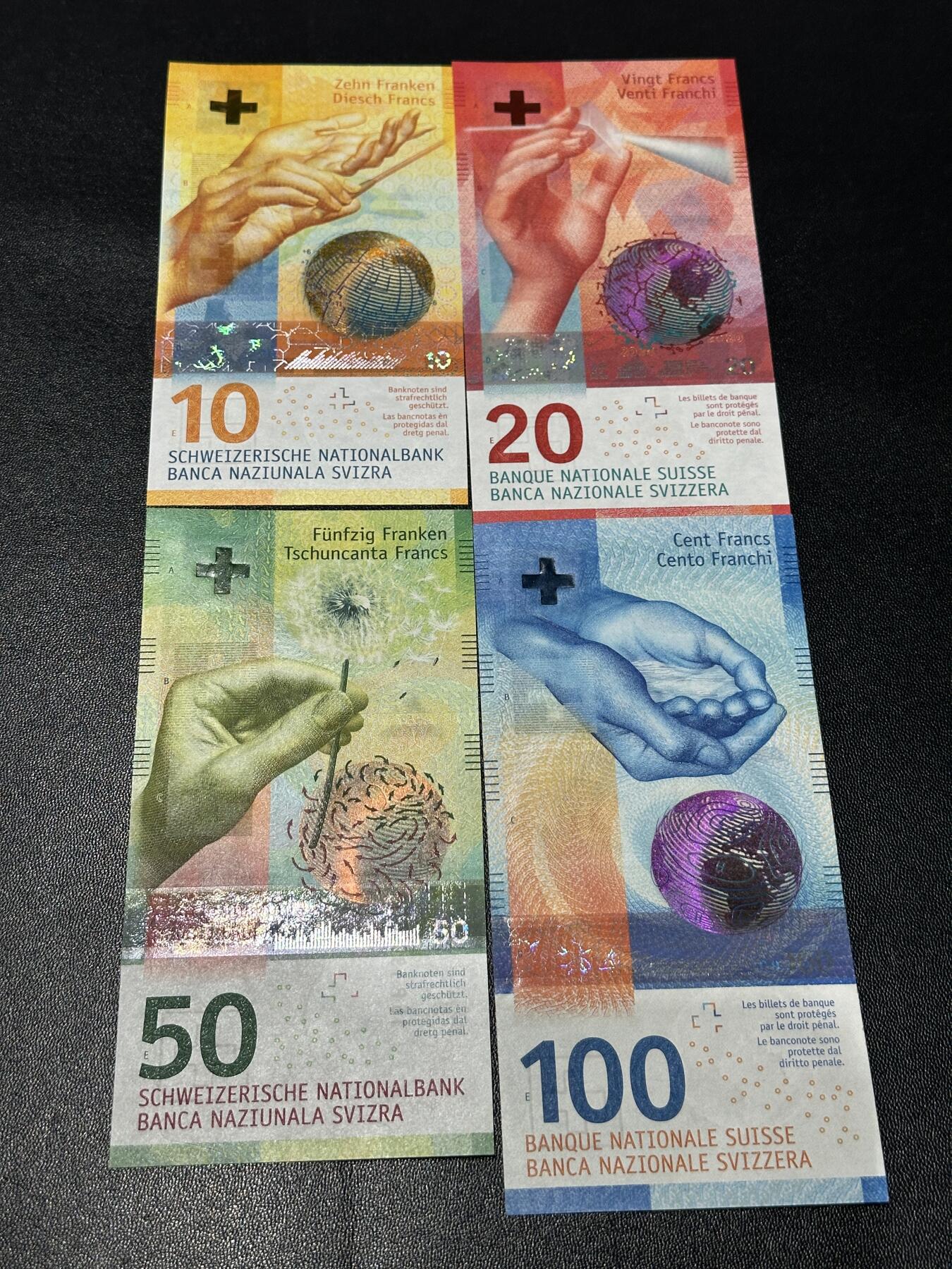 《外钞收藏家》第五百九十七期（年底收官场）（本平台长期征集拍品、欢迎藏友们联系合作） 瑞士手版10-100法郎 四张一起 全新UNC 其中三张是无47靓号