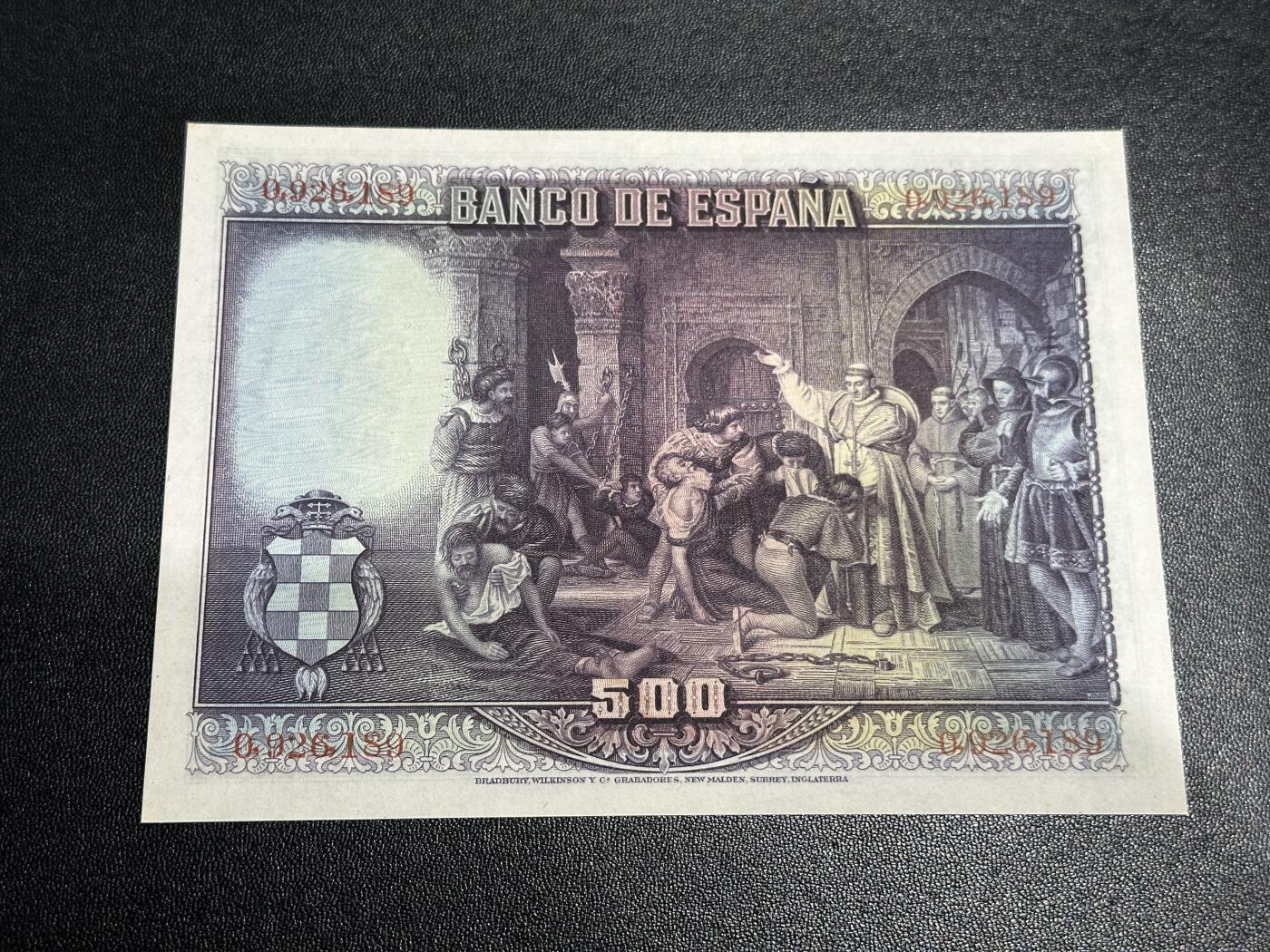 《外钞收藏家》第五百九十七期（年底收官场）（本平台长期征集拍品、欢迎藏友们联系合作） 1928年西班牙500比塞塔 UNC- 边角有瑕疵 精美BWC大票幅