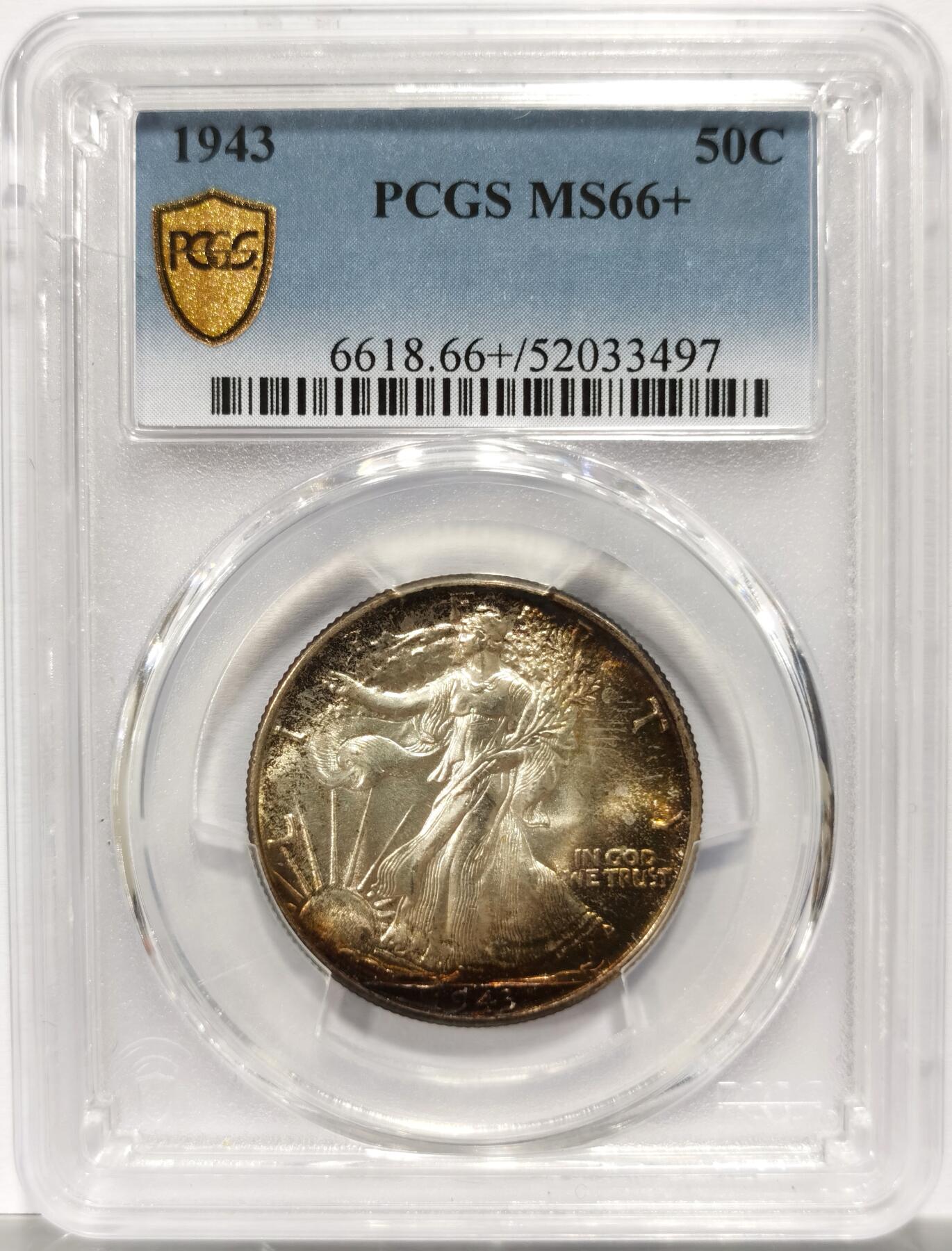 博洋堂世界钱币拍卖第154期（全场包邮） PCGS MS66+ 美国1943年行走女神半美元银币，极美月牙五彩