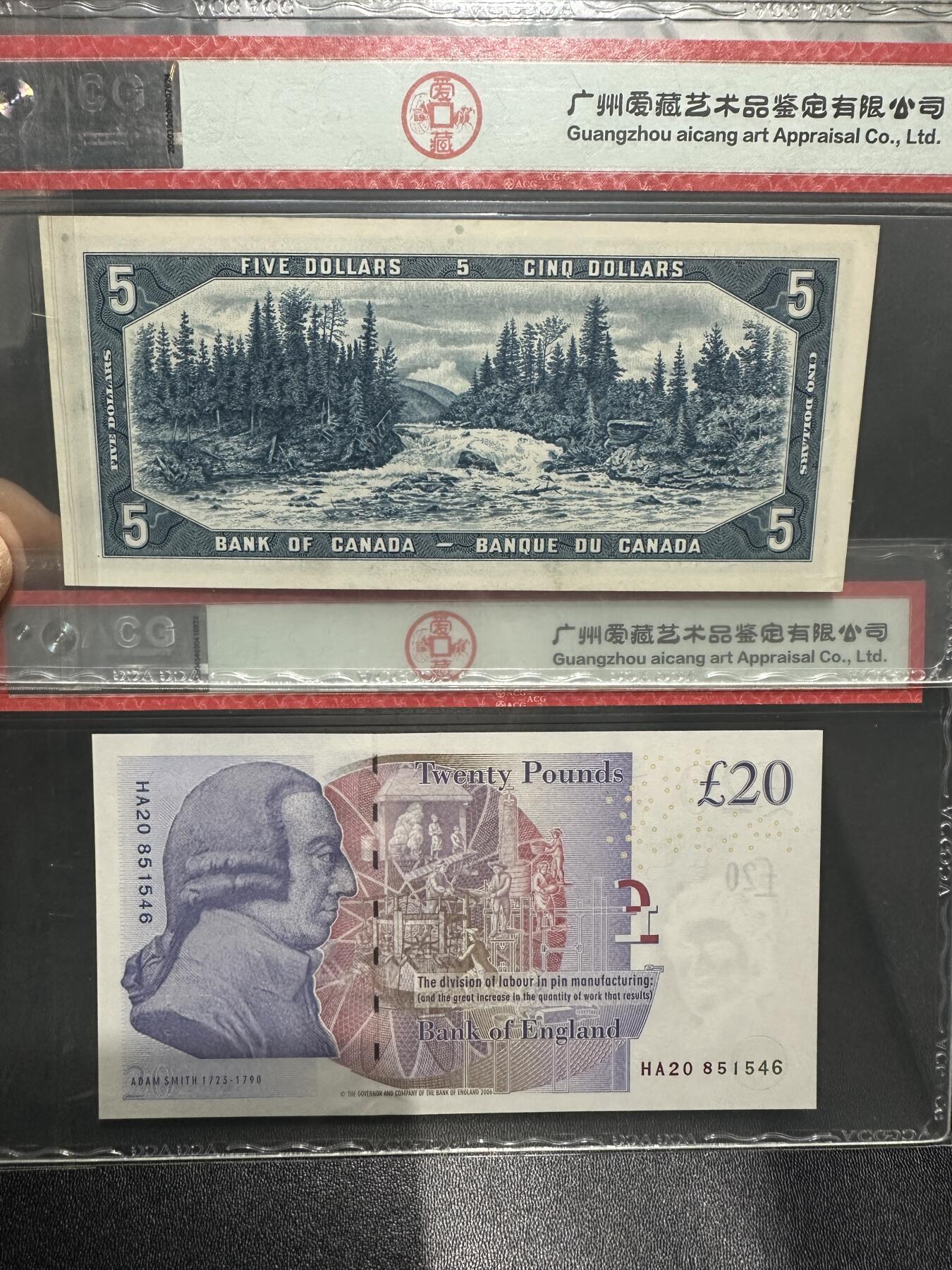 《外钞收藏家》第五百九十七期（年底收官场）（本平台长期征集拍品、欢迎藏友们联系合作） 1954年加拿大风景版5元+2006年英国F序列20镑 2张一起 爱藏评级
