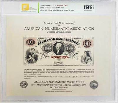 《外钞收藏家》第五百九十七期（年底收官场）（本平台长期征集拍品、欢迎藏友们联系合作） - 1979年 美国钞票公司(ABNC)印制 10美元雕刻版票样纪念卡 原版纸币1857-1879年间由美国密苏里州圣路易斯交易银行(Exchange Bank of St. Louis, Missouri)发行流通 该雕刻版票样纪念卡为百年原钞凹版母版印制(非普通平面印刷)并以极小规模限量发行 背面为美钞公司总裁认证签名 乃高价原版老美钞收藏欣赏之平替