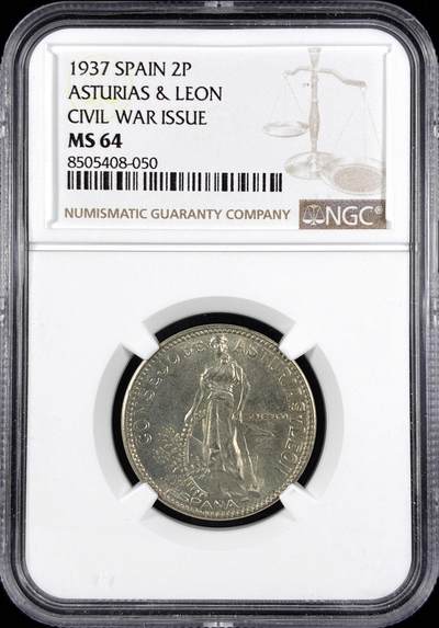 【雨安】【直播拍卖】【世界币章122期-评级币】2025-12-27 周六 19:30 保真 - [评级欧洲] Spain 西班牙 2比塞塔 1937年 内战  NGC-MS64