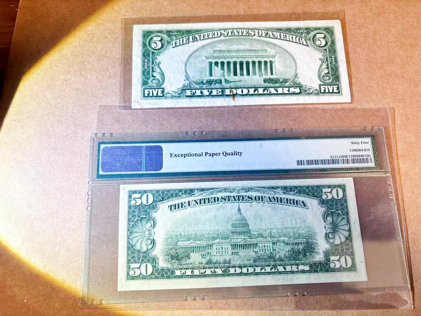 【Blue Auction】世界纸币精拍第768期——18级TOP拍卖/信誉/品质/专业/高效💫 【一组2张】美国 1950D 50美金 PMG64EPQ&1950年5美金 品相如图